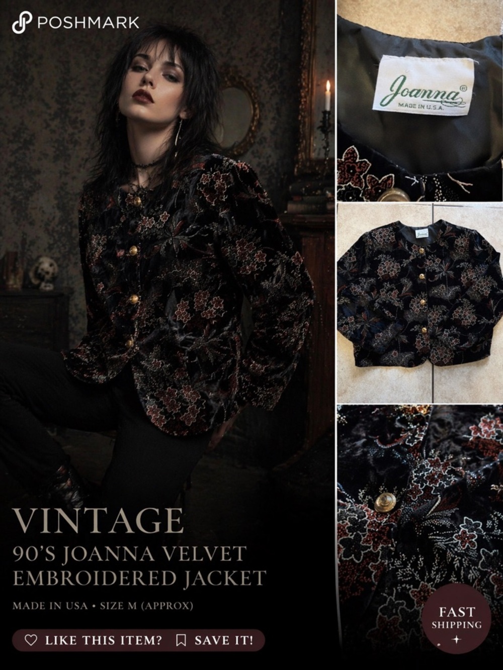 Joanna Black Velvet Embroidered Blazer Jacket